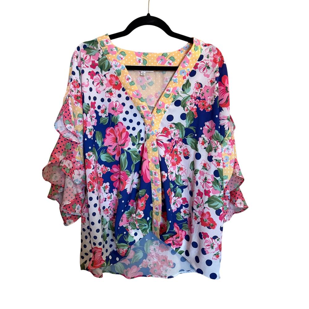 Umgee XL Floral Polka Dot Ruffle Sleeve Top